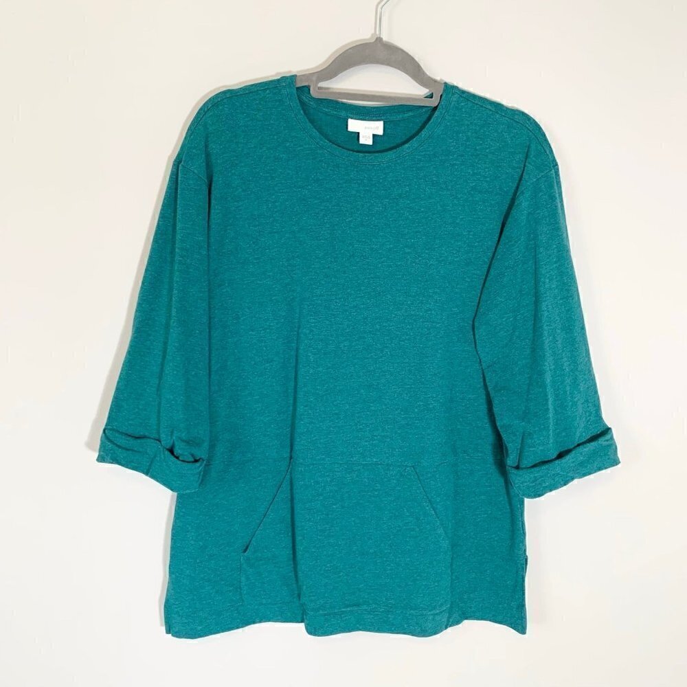 J. Jill Sweatshirt Top Women Size M Teal 3/4 Sleeve Kangaroo Pocket Relaxed